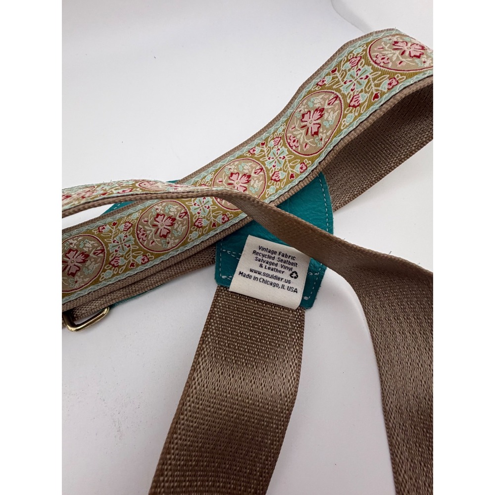 Souldier Custom Guitar Strap Vintage Fabric Recycled Seatbelt Teal Leather Ends - Picture 4 of 5